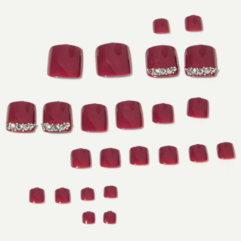 ❀ 24PC Candy Apple Red Burgundy Rhinestone Artificial Press On Toe Nails - Picture 3 of 6